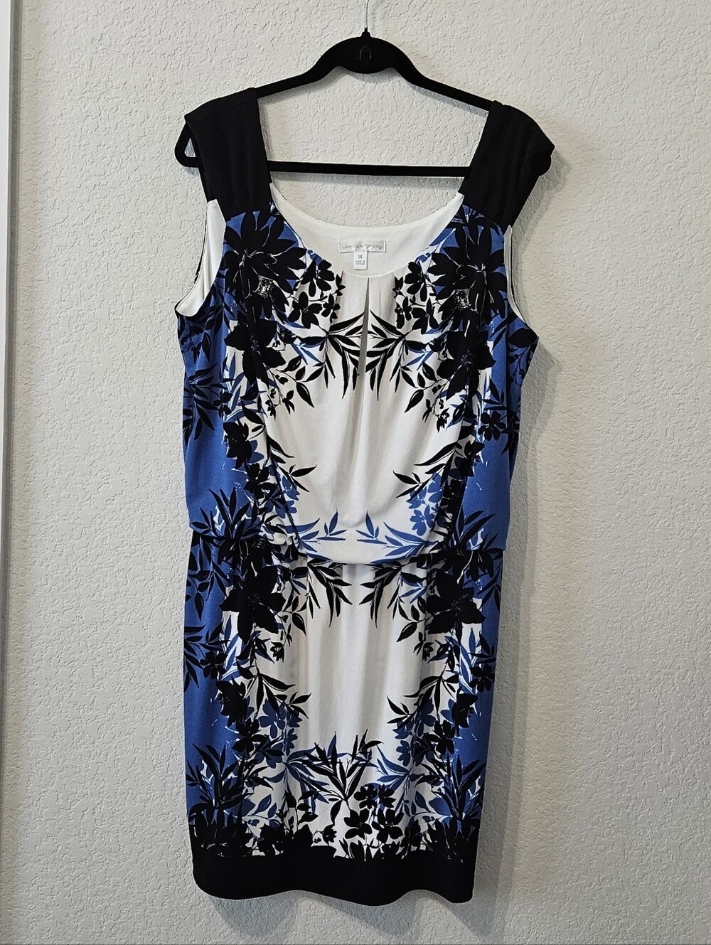 London Times Blue, White & Black Floral Midi Sheath Dress